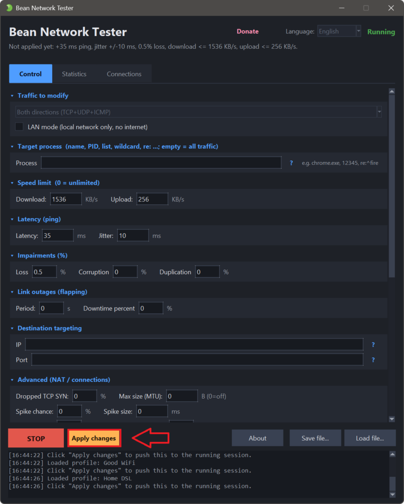 Bean Network tester - network conditions profiles for network chaos testing