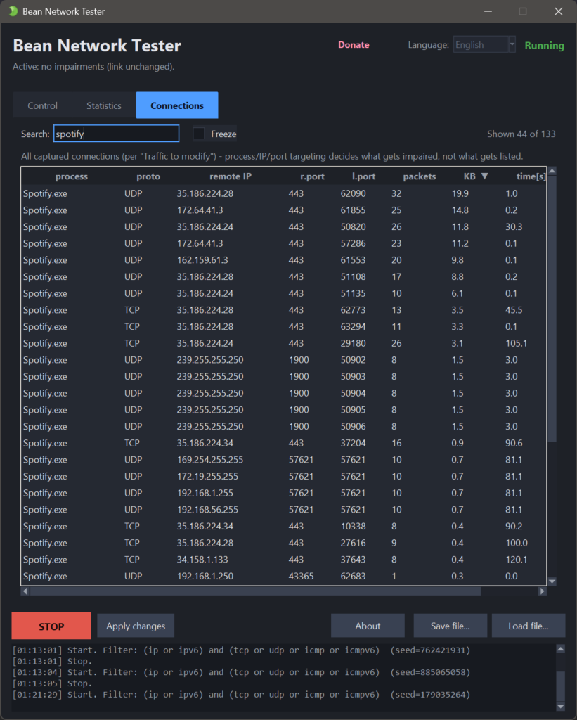 Bean Network Tester - connections page