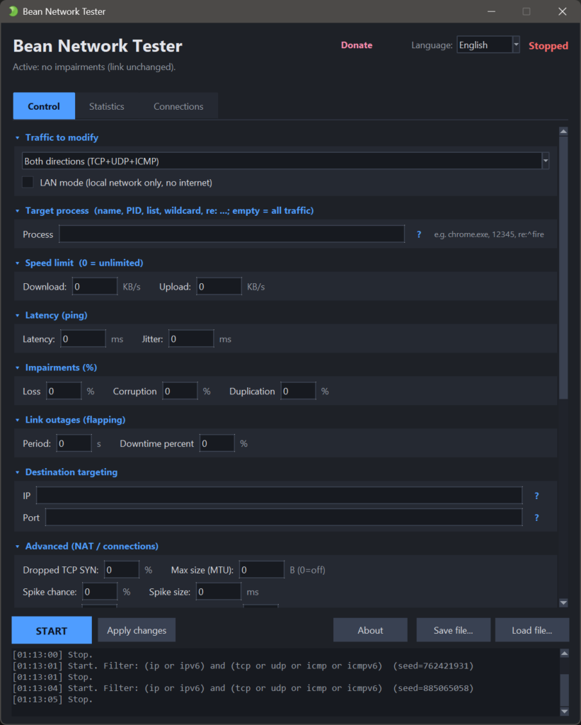 Bean Network tester - network emulator, simulate ping, latency. packet loss