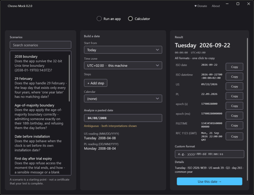 Date & time QA calculator - Chrono Mock
2038 boundary, trail testing