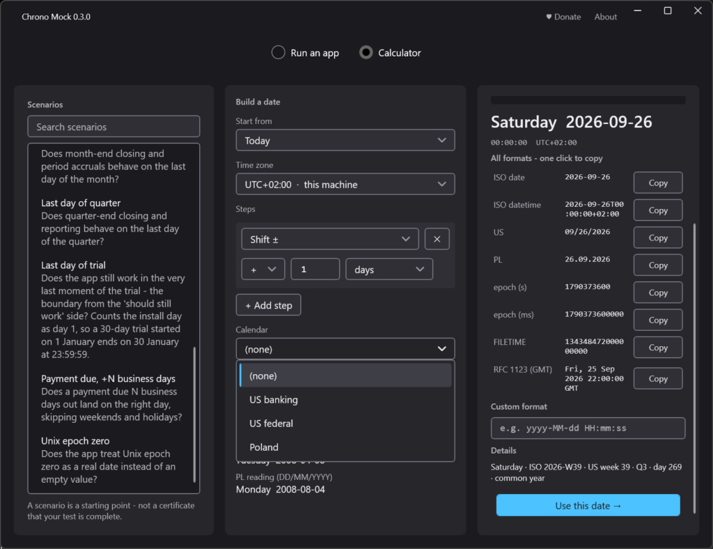 Date & Time Calculator for testers - Chrono Mock